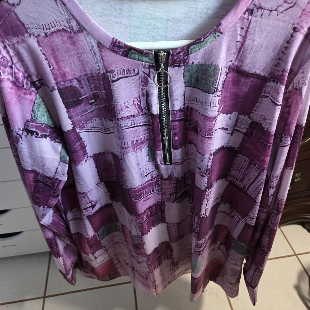 Patchwork Long Sleeve Top - Purple and Green
